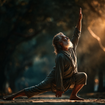 Літня жінка займається йогою на природі