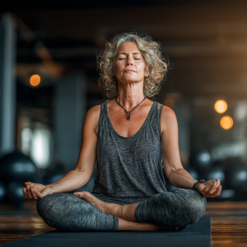 Група літніх людей займається йогою в студії