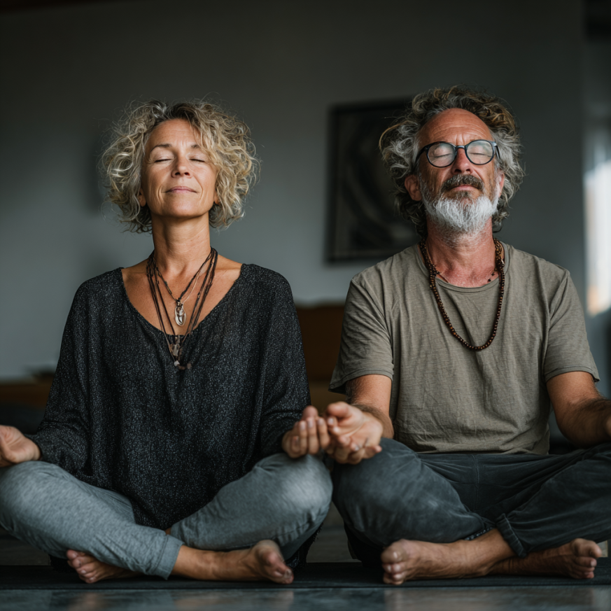 Літня пара займається йогою на пляжі